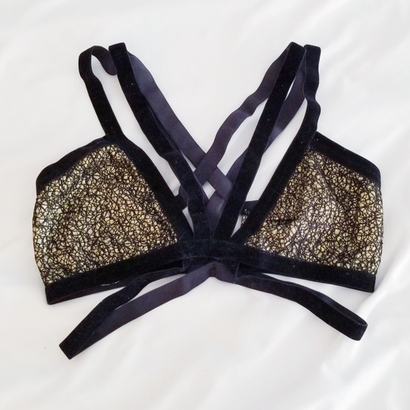 Other - Small Velvet Strappy Cracked Gold Metallic Bra Top